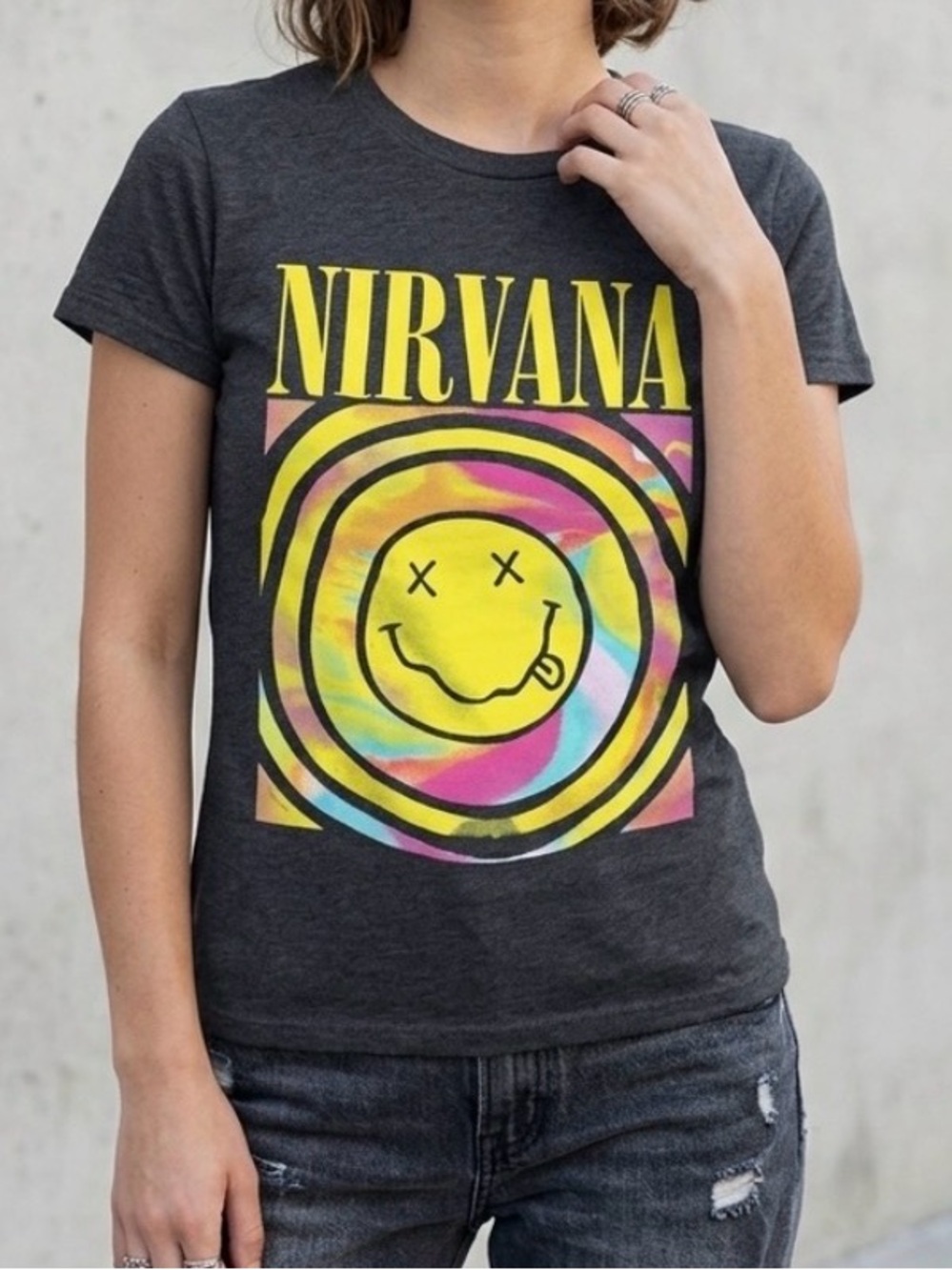 Nirvana Smiley Face T-Shirt Womens Medium Tie Dye Graphic 90s Grunge Punk Indie